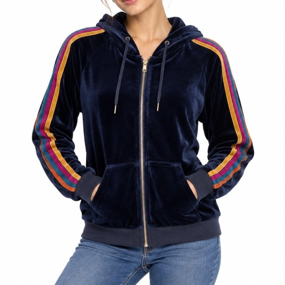 Natural Life Hoodie Womens M Navy Blue Rainbow Stripe Velvet Retro Zip Up Jacket